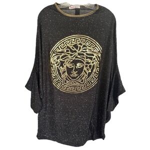 Smile Man Women's Oversized Asymmetric Tunic Top Gold Embossed Size L Black Gold